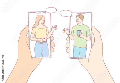 An illustration of two people video chatting on their smartphones, highlighting modern connectivity and communication