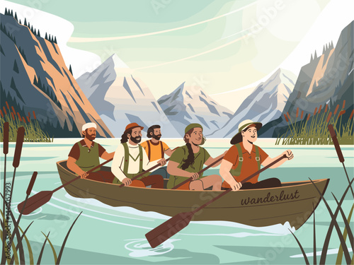 A group of people are in a boat, paddling down a river. The boat is called Wanderlust. Vector illustration