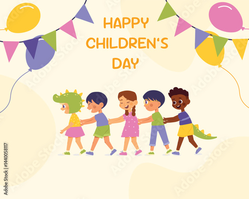 Happy International Children's Day. Group of cute smiling different nations boys and girls.Children together, multiethnic boys and girls. Kindergarten and school kids. Vector illustration flat cartoon