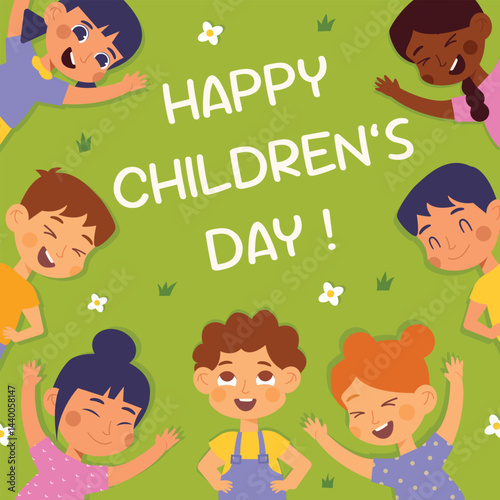 Happy International Children's Day. Group of cute smiling different nations boys and girls.Children together, multiethnic boys and girls. Kindergarten and school kids. Vector illustration flat cartoon
