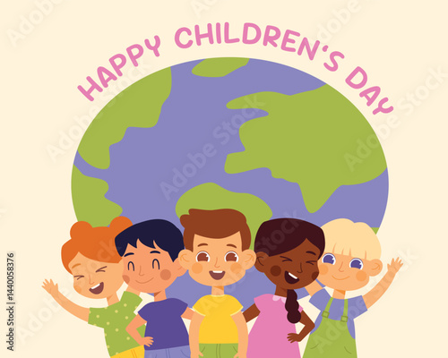 Happy International Children's Day. Group of cute smiling different nations boys and girls.Children together, multiethnic boys and girls. Kindergarten and school kids. Vector illustration flat cartoon