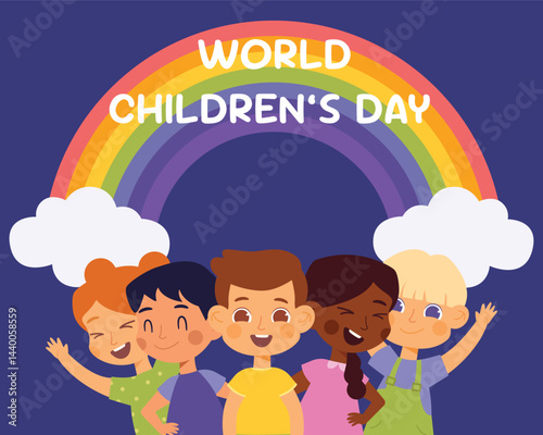 Happy International Children's Day. Group of cute smiling different nations boys and girls.Children together, multiethnic boys and girls. Kindergarten and school kids. Vector illustration flat cartoon