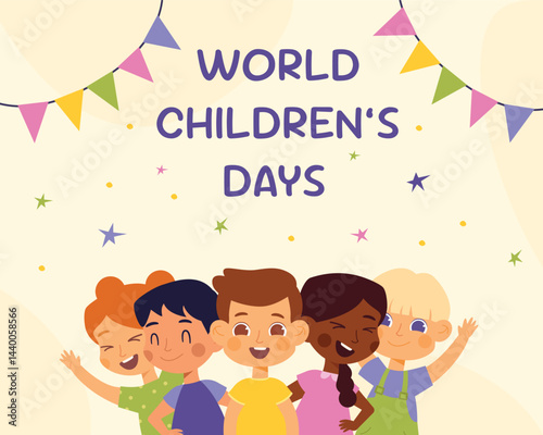 Happy International Children's Day. Group of cute smiling different nations boys and girls.Children together, multiethnic boys and girls. Kindergarten and school kids. Vector illustration flat cartoon