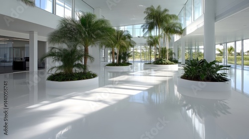 Modern, bright, minimalist office interior with lush tropical plants