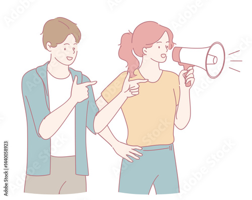 A dynamic duo showcasing teamwork, using a megaphone for clear and effective audience communication
