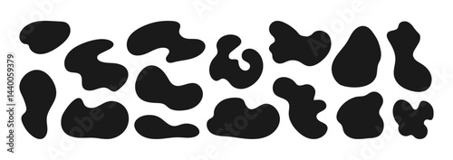 Set of black irregular shapes isolated on a white background. Modern cowhide amoeba blothes, freeform blobs.