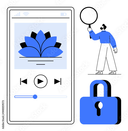 Smartphone screen with meditation app, play controls, padlock icon, and a man interacting. Ideal for mental health, usability, relaxation, self-improvement, app design digital security simple