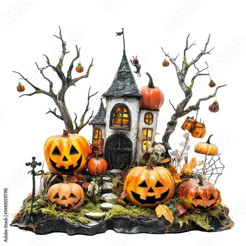 Haunted Halloween house scene with jack-o'-lanterns and spooky trees