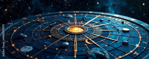 Celestial zodiac wheel with intricate star and moon design against dark sky background, universe, moon, night sky