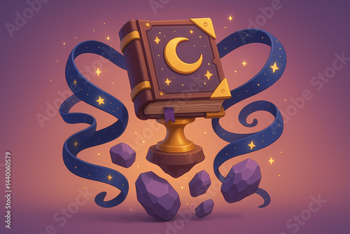 3D Enchanted Book Trophy on Magical Stones with Starry Ribbons
