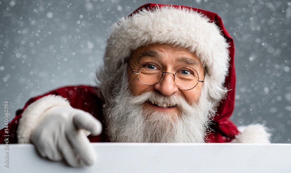Naklejka premium Santa Claus pointing at a blank sign, festive holiday backdrop, possible use for holiday promotions