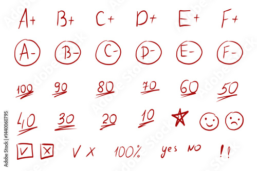 Mark point score exam highlight check, arrows and circles hand drawn. Teacher red marker grade crayon, chalk texture. Homework score.