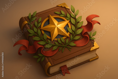 3D Ornamental Book with Star Crest, Banners, and Leafy Embellishments
