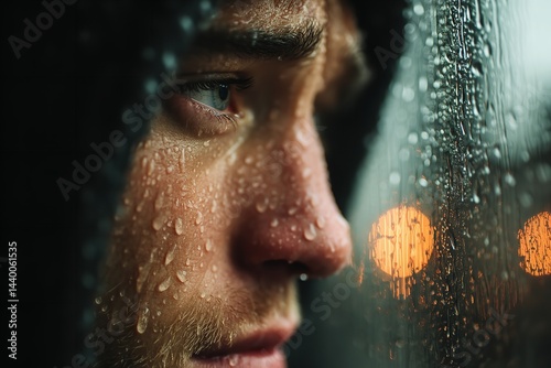 Through a rain-streaked window, a thoughtful young man considers. notions of despair and loneliness. Generative Ai