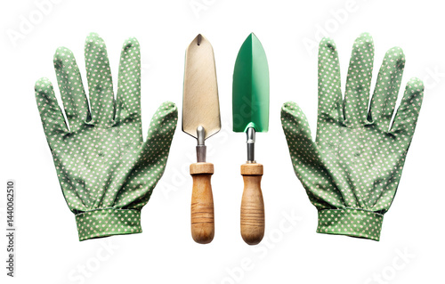 Gardening Gloves and Trowels on White Background Showcasing Essential Tools for Planting
