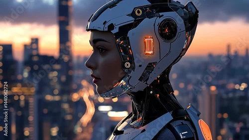 Exploring the futuristic skyline with a humanoid robot at dusk, blending technology and nature in a vibrant metropolis Generative AI