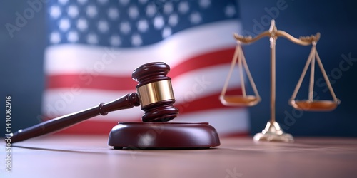 Gavel and Scales of Justice with U.S. Flag, Symbolizing Law and Order