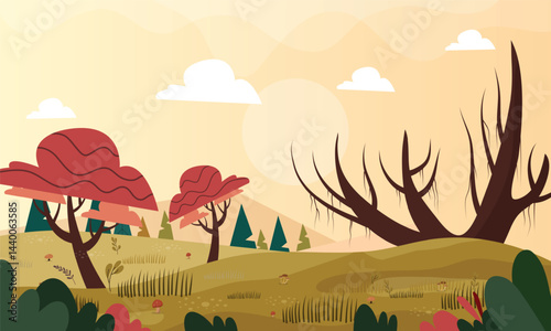 Sunset in desert forest with dry trees