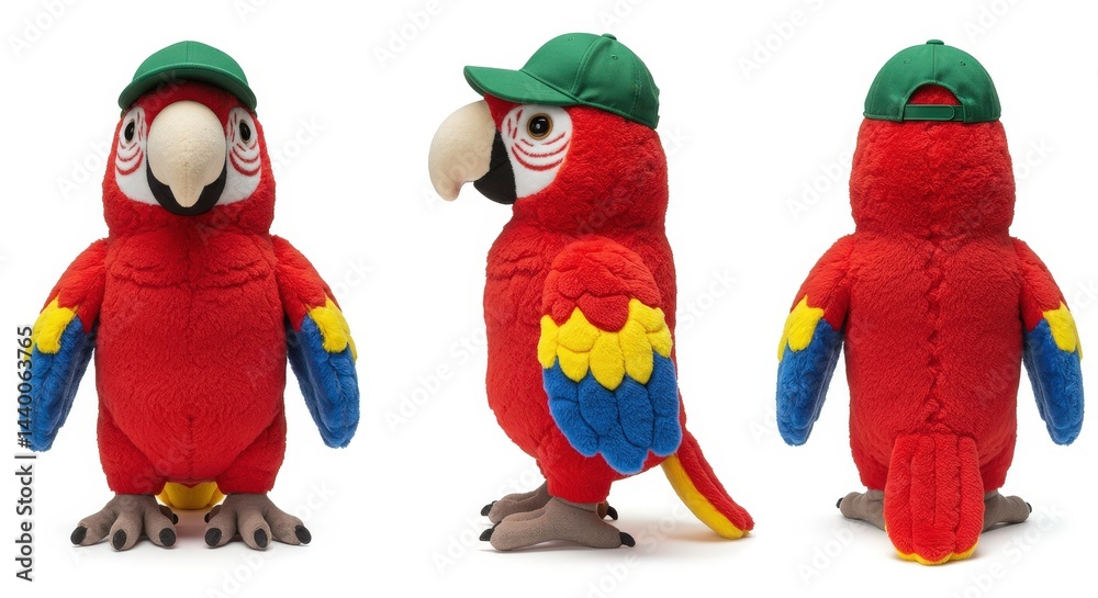 Fototapeta premium Plush scarlet macaw stands with vibrant colors and a green cap ready for playtime adventures