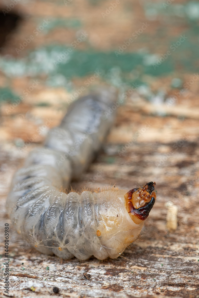 Macro view of a white wood-boring grub, likely a beetle larva. Focus on the head structure