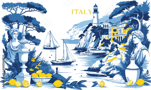 Design a modern elegant vector illustration inspired by the Amalfi Coast , easily eatable