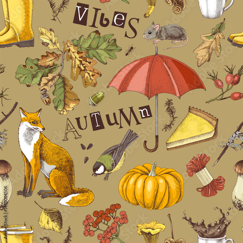 Autumn vibes hand drawn seamless pattern