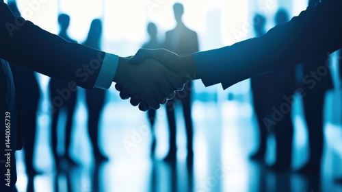 Business handshake symbolizing partnership and collaboration in a professional setting with blurred silhouettes