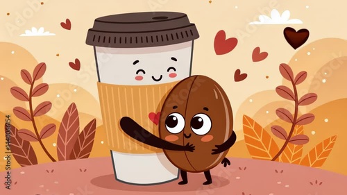 Cute characters celebrate the joy of coffee and friendship in a vibrant autumn landscape Generative AI