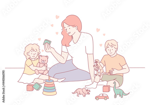 A loving mother joyfully plays with her kids, fostering creativity and deep bonding in a heartfelt scene