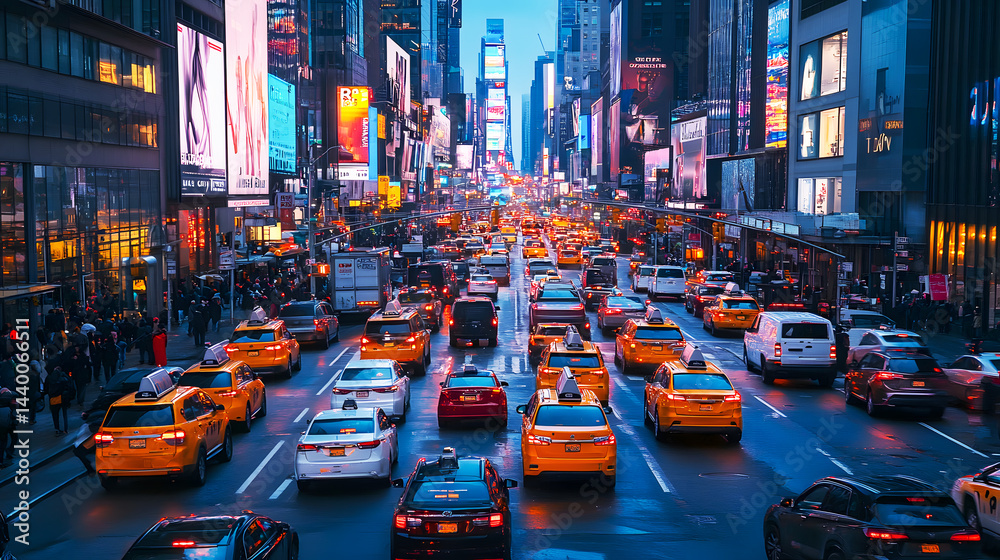 Obraz premium A Bustling City Street During Rush Hour with Cars and Lights