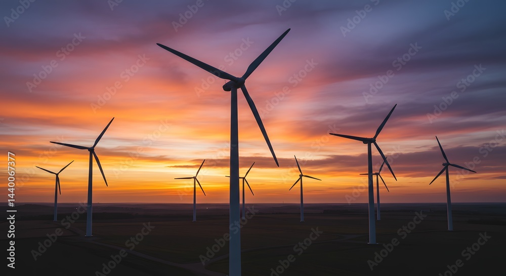 Fototapeta premium Majestic Wind Turbines at Sunset Harnessing Clean Energy, Sustainable Power Generation, Renewable Resources, Environmental Conservation
