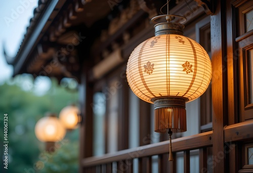 Oriental lantern, paper and wood material, soft diffused light, balcony