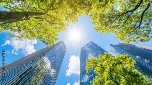 Sunlight shines brightly over modern skyscrapers framed by lush green trees in a cityscape