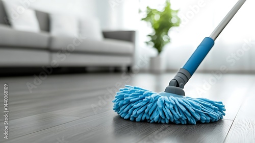 Blue mop cleaning gray wood floor. Sofa and plant in background, blurred, indoor bright sunny day