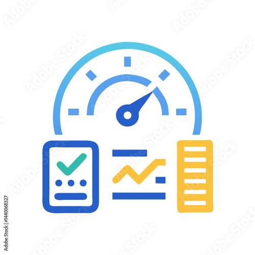 Performance Dashboard Icon with Checklist, Graph, and Metric Bar Charts