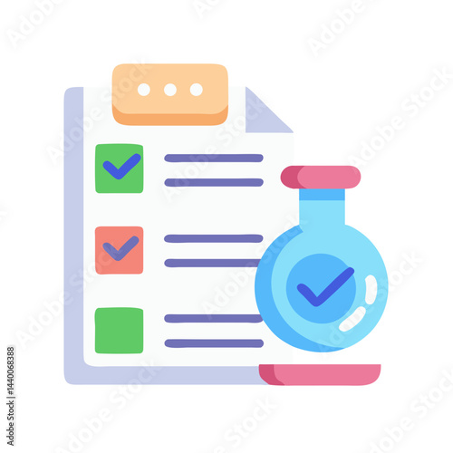 Scientific Checklist with Chemical Flask and Tick Marks, Laboratory Research Concept