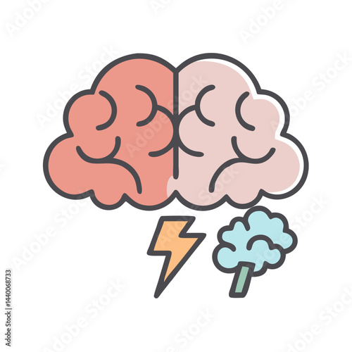 Brainstorming Creative Ideas: Brain with Lightning and Clouds on Black Background