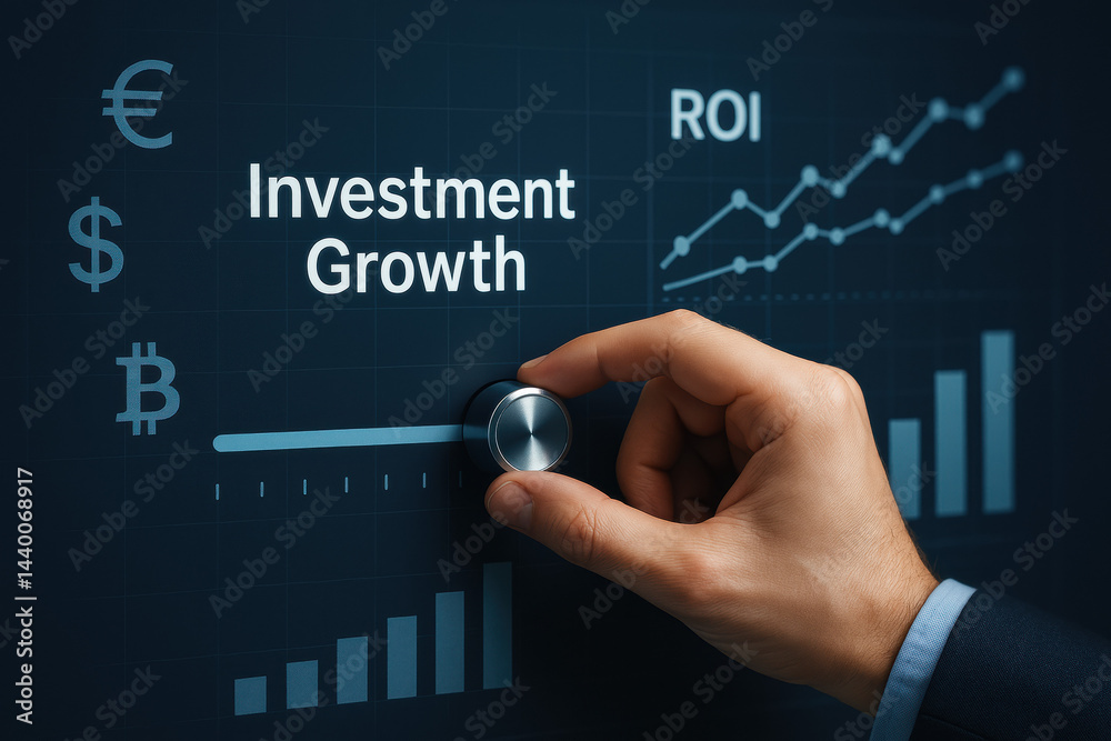 Fototapeta premium A hand adjusts an investment slider on a digital interface illustrating strategy and business growth emphasizing efficient decision making toward higher ROI