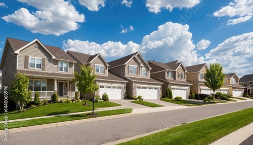 Modern suburban architecture showcases a new luxury family home with a beautiful front lawn