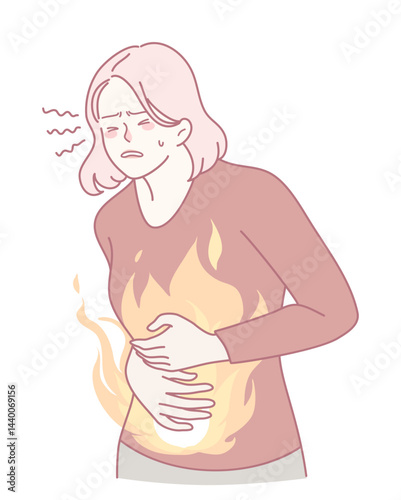 Illustration of a woman feeling abdominal pain and discomfort with flames symbolizing a burning sensation.