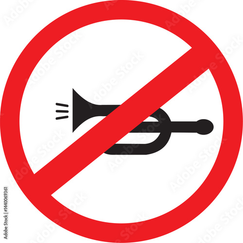 No honking allowed sign, trumpet with prohibition symbol, no horn traffic regulation road sign