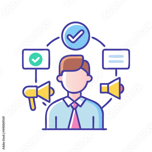 Marketing Strategy: A Man Promoting Validated Concepts with Megaphones and Good Feedback