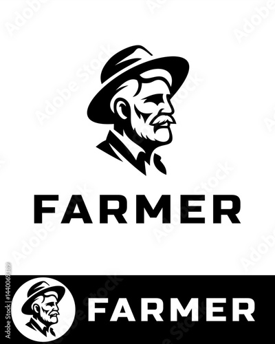 A vintage-style farmer logo design featuring a serious old man with a beard and hat in black and white 