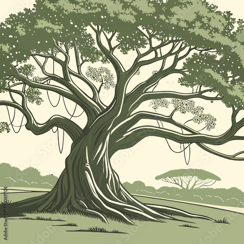 A detailed vector illustration of the iconic Great Banyan Tree, showcasing its expansive canopy and intricate root system.​