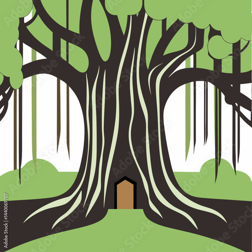 A detailed vector illustration of the iconic Great Banyan Tree, showcasing its expansive canopy and intricate root system.​