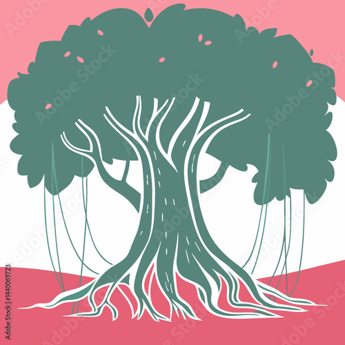A detailed vector illustration of the iconic Great Banyan Tree, showcasing its expansive canopy and intricate root system.​