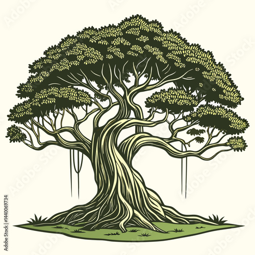 A detailed vector illustration of the iconic Great Banyan Tree, showcasing its expansive canopy and intricate root system.​