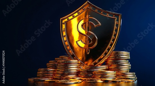 Golden shield with dollar symbol and stacked coins representing financial security and wealth protection

