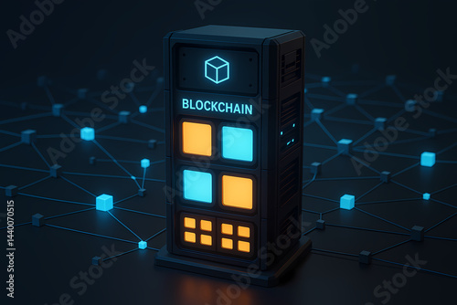 3D Blockchain Node Server with Futuristic Rack and Bright Modular Lights
