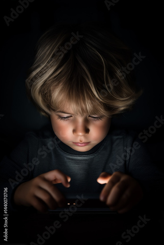 professional photo of a child using a smartphone with intense concentration, shot from above, hands and face well-lit, no background, photorealistic